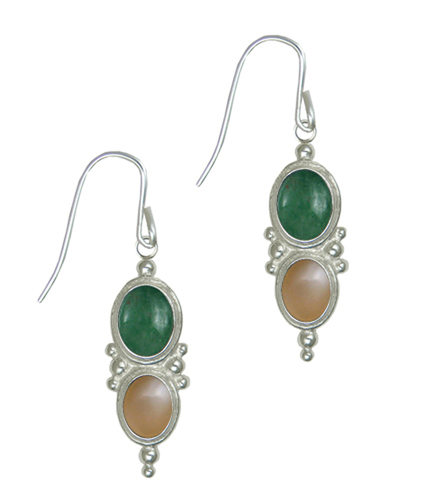 Sterling Silver Drop Dangle Earrings Jade And Peach Moonstone